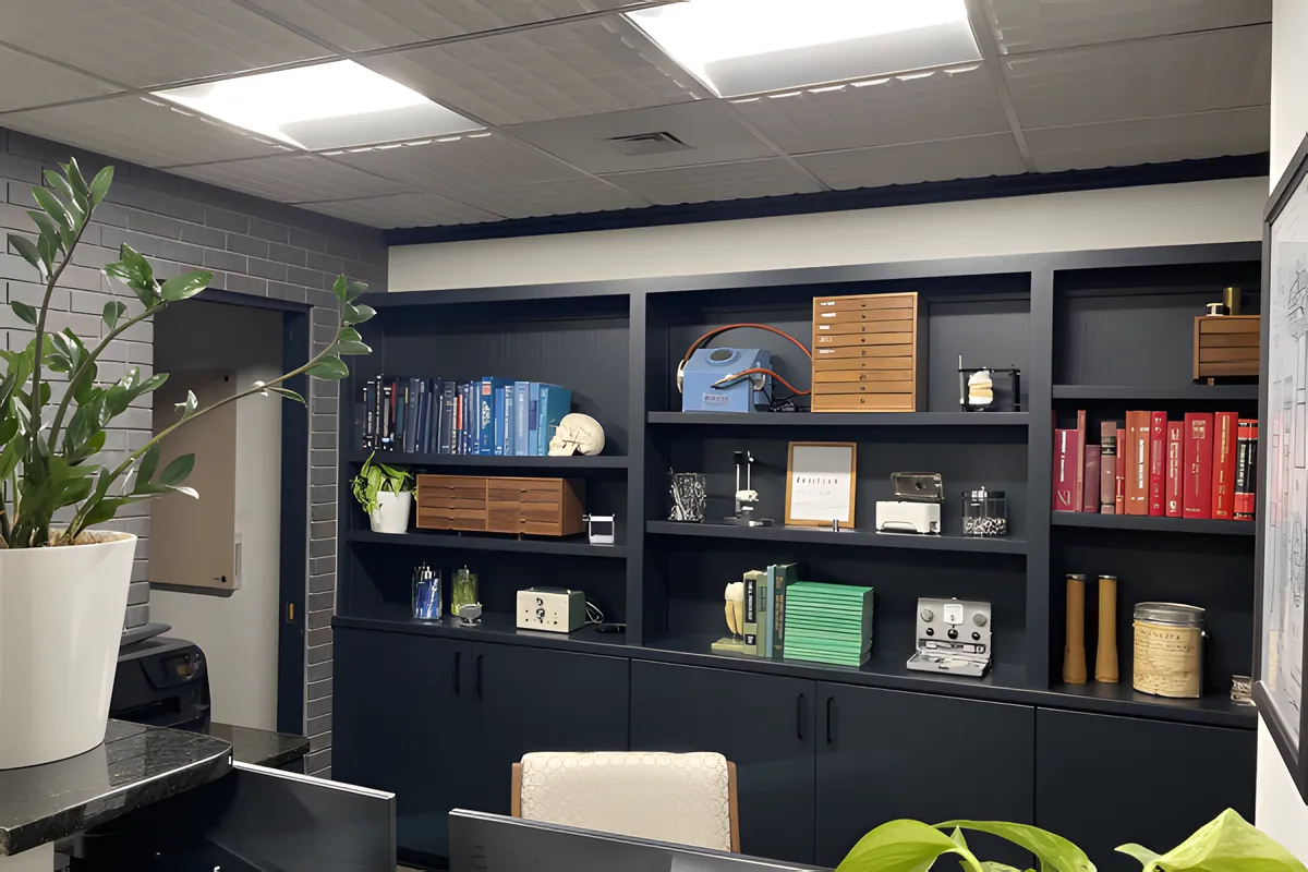 Front office bookshelves at Hill Family Dental